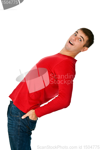 Image of flexible man in red clothes and jeans