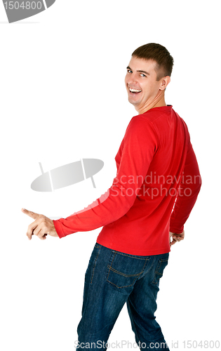 Image of man smiles and points