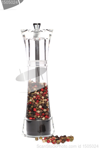 Image of peppermill with peppercorns on white background 