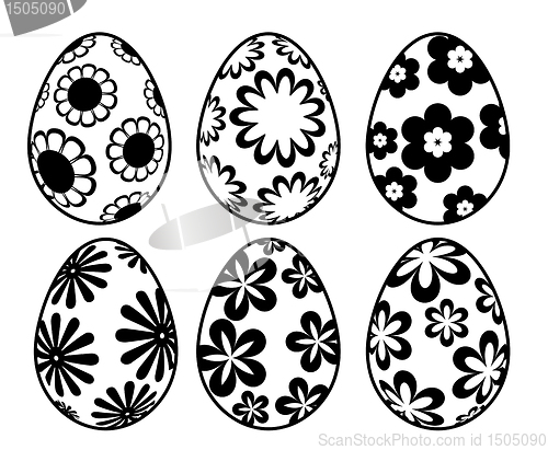 Image of Six Black and White Easter Day Eggs with Floral Designs