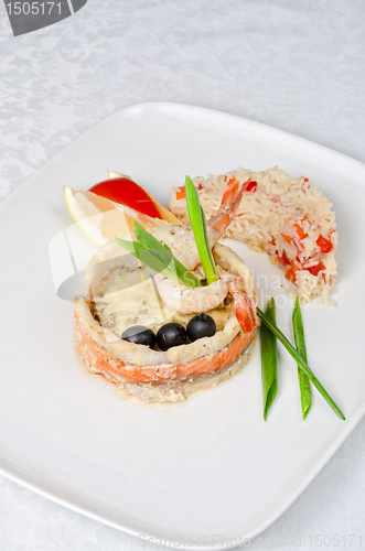 Image of fish with rice and vegetables