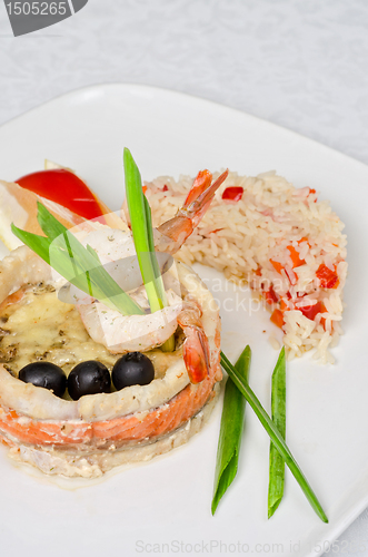 Image of fish with rice and vegetables