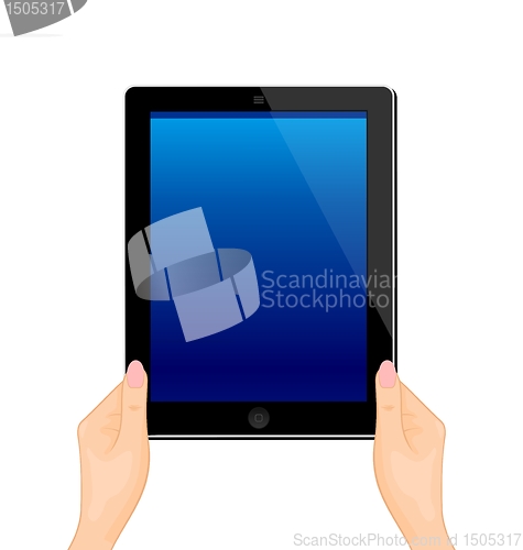 Image of Illustration of the turned on computer tablet in a hand of the w