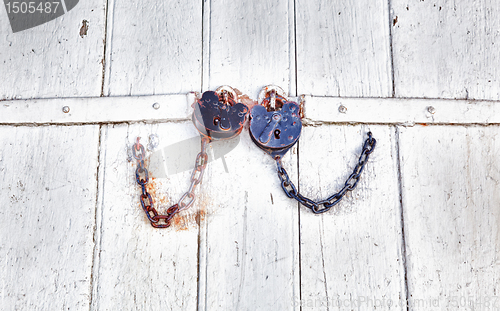 Image of Antique locks and chain on wood