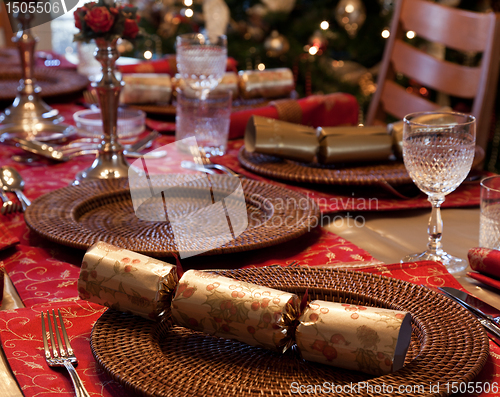 Image of English Christmas table with crackers