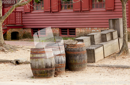 Image of Old oak barrels in the street