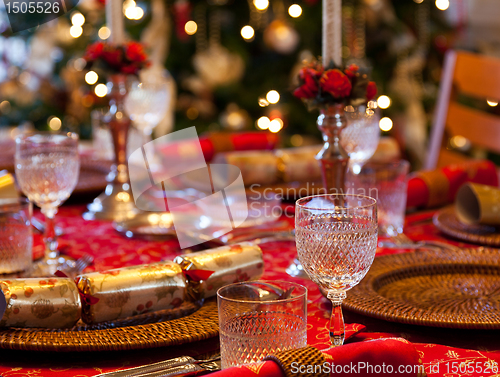 Image of English Christmas table with crackers