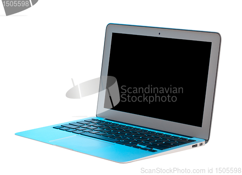 Image of Silver laptop lit with blue tint