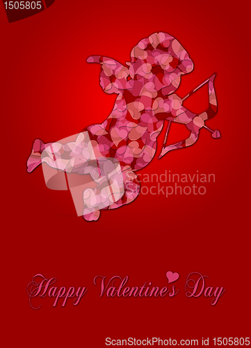 Image of Valentines Day Cupid with Pattern Hearts on Red Background