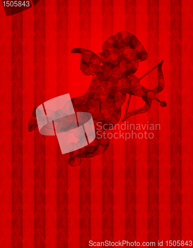 Image of Valentines Day Cupid with Pattern Hearts on Wallpaper Background