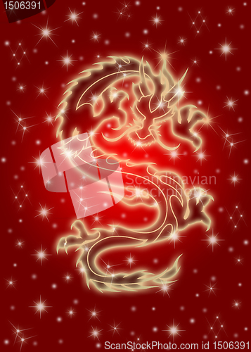 Image of Celestial Chinese Dragon on Red Background