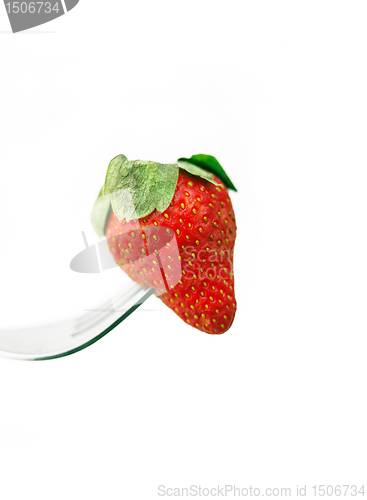 Image of fresh strawberry  on a fork over white 