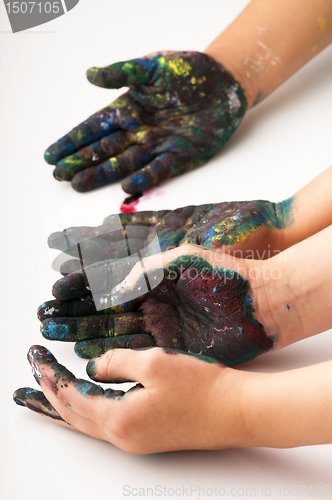 Image of Kids hands covered with paint 