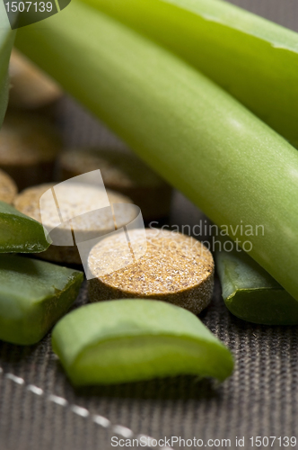 Image of aloe vera plant with pills - herbal medicine