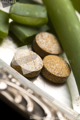 Image of aloe vera plant with pills - herbal medicine