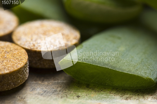 Image of aloe vera plant with pills - herbal medicine