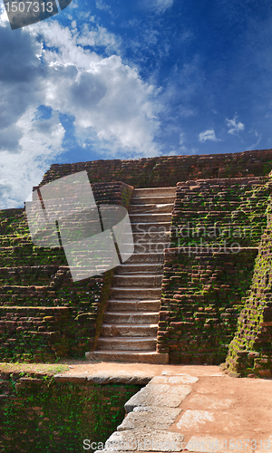 Image of steps and the ruins of the royal palace and the park of Sigiriya