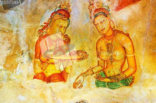 Image of ancient frescos on mount Sigiriya, Sri Lanka ( Ceylon ).