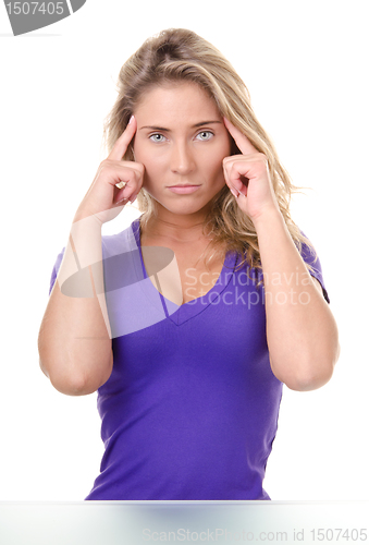 Image of blonde young woman wish doubt or headache