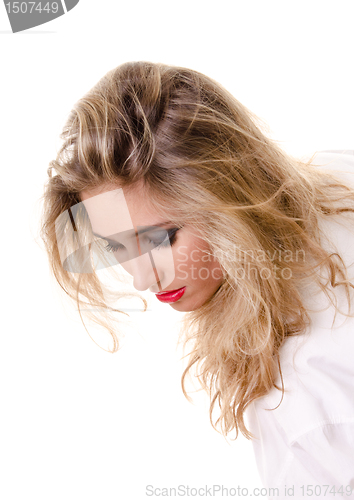 Image of young woman in a white man's shirt