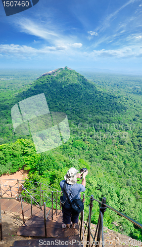 Image of View from mount Sigiriya, Sri Lanka (Ceylon) with tourist on sho