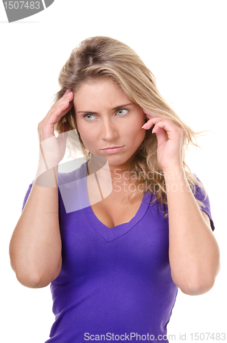 Image of blonde young woman wish doubt or headache