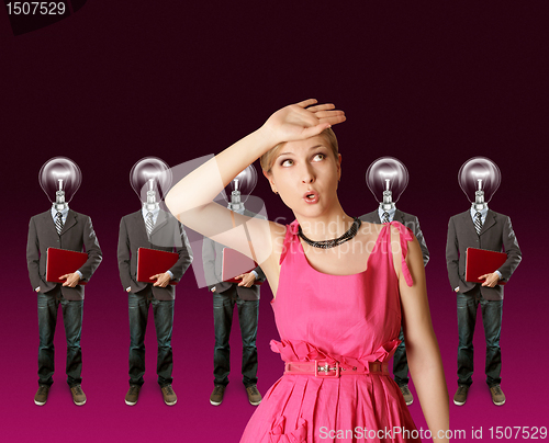 Image of woman and lamp head businesspeople with laptop