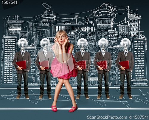 Image of woman and lamp head businesspeople with laptop