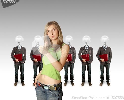 Image of woman and lamp head businesspeople with laptop