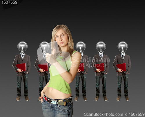 Image of woman and lamp head businesspeople with laptop