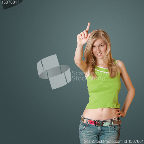 Image of young woman with up finger