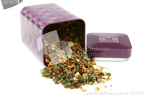 Image of Set of dried herbs, fruits and spices for tea in a box. 