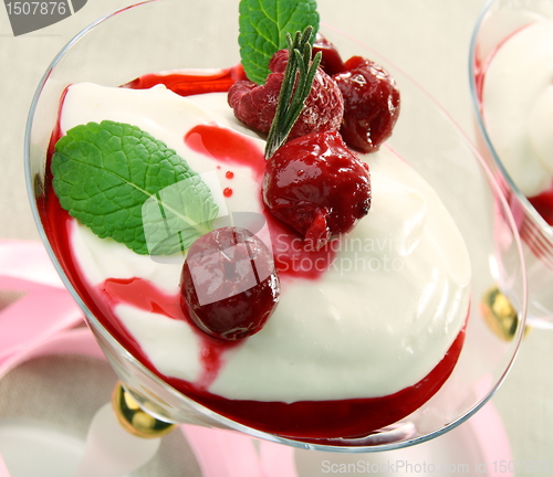 Image of Yoghurt panna cotta with cherry sauce in a glass goblet.