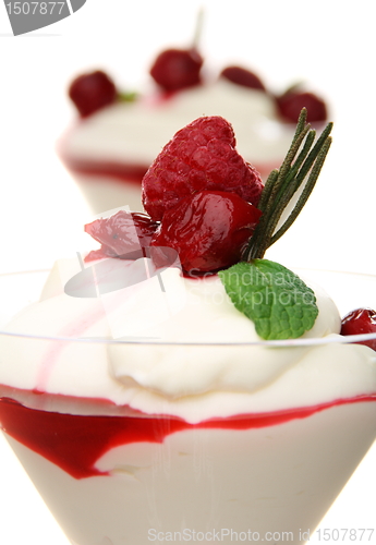 Image of Yoghurt panna cotta with cherry sauce in a glass goblet.