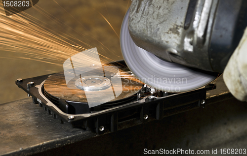 Image of working with angular grinder on open hard drive