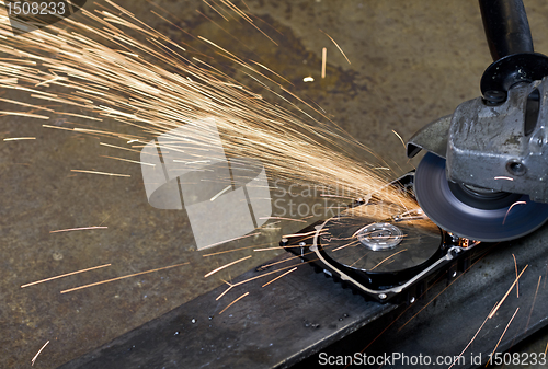 Image of angular grinder cleaning data from hard drive