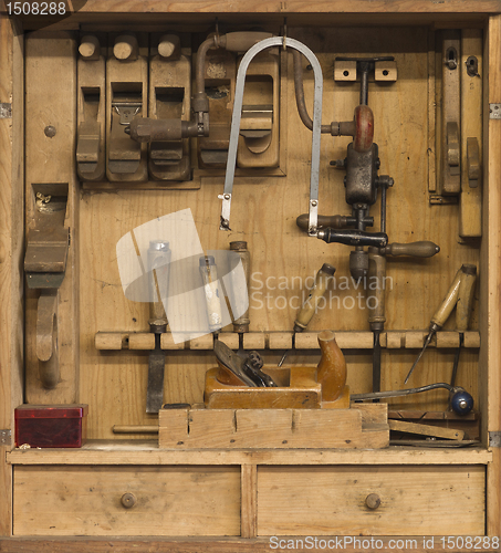 Image of carpenters tools in a wooden cabinet