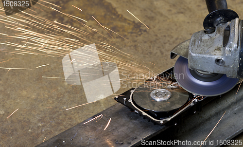 Image of open hard disk with circular saw