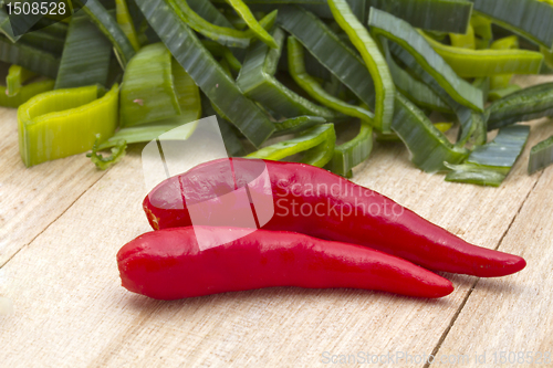 Image of Fresh leek and red chili pepper 