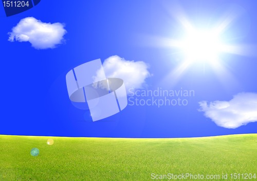 Image of green field and sun sky