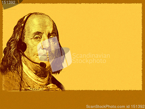 Image of Conceptual business/customer service. The head of USA 100 dollars bill- president Franklin, with headset. A bit grainy