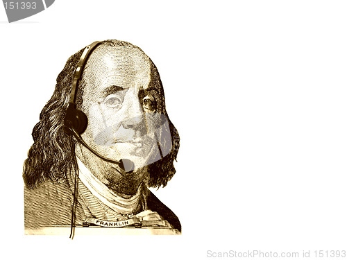 Image of Conceptual business/customer service. The head of USA 100 dollars bill- president Franklin, with headset. Isolated