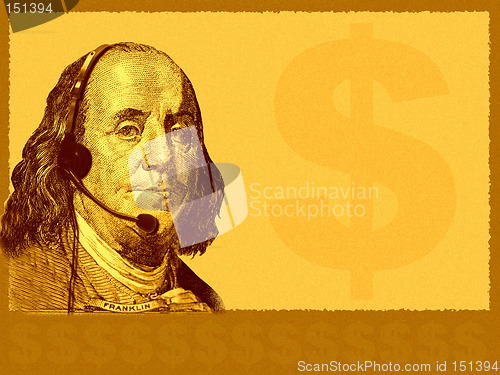 Image of Conceptual business/customer service. The head of USA 100 dollars bill- president Franklin, with headset. A bit grainy