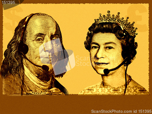 Image of Conceptual International business/customer service. England Queen from 20 pounds banknote and USA President Franklin from 100 dollars banknote are talking, with headsets. A bit grainy