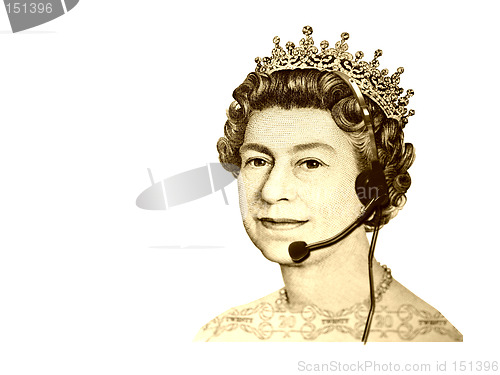 Image of Conceptual business/customer service. The head of England currency- Queen, with headset. Isolated