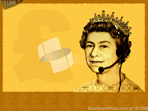 Image of Conceptual business/customer service. The head of England currency- Queen, with headset. A bit grainy