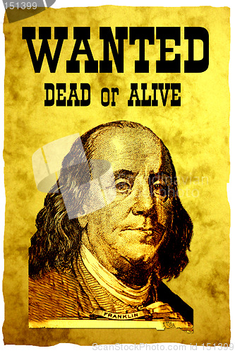 Image of Conceptual WANTED poster. The head of USA 100 dollars bill- president Franklin on the vintage WANTED poster.