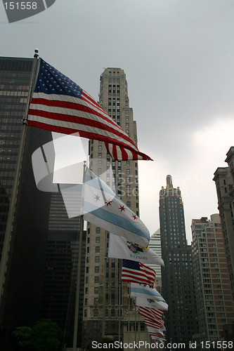 Image of USA-Chicago-Illinois Flags with Skyscrapers