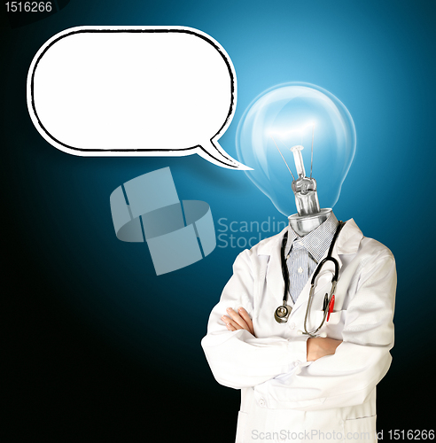 Image of doctor with lamp-head and comics bubble