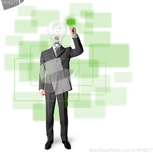 Image of full length businessman with lamp-head push the button
